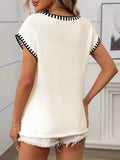Contrast Trim V-Neck Short Sleeve Knit Top.