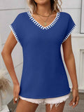 Contrast Trim V-Neck Short Sleeve Knit Top.