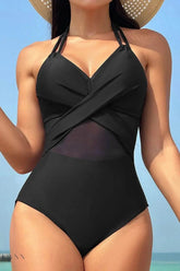 Crisscross Halter One-Piece Swimsuit - Sleek Black - EBYNN