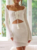Cutout Lace Up Cover Up Dress - White Knit - EBYNN
