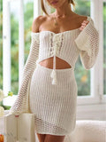 Cutout Lace Up Cover Up Dress - White Knit - EBYNN
