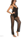 Trendsi cutout high waist swim pants in black, featuring a stylish mesh design for beachwear