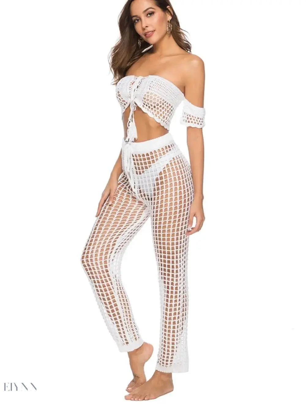 Stylish white cutout high waist swim pants featuring a crochet design for beachwear fashion
