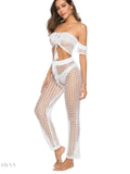 Stylish white cutout high waist swim pants featuring a crochet design for beachwear fashion