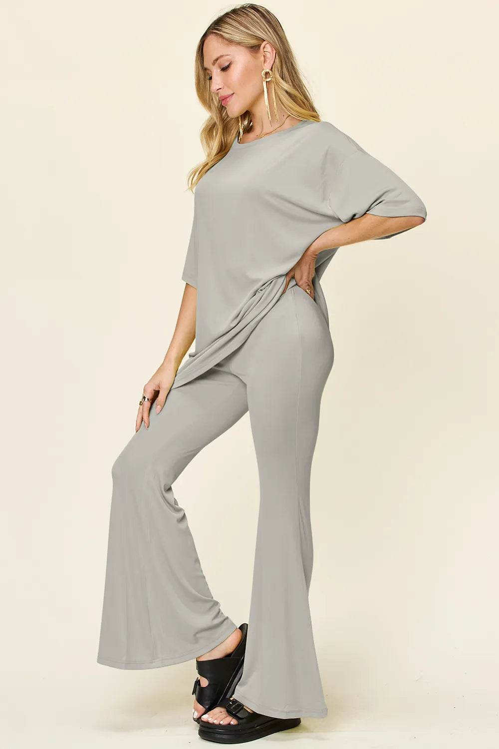 Double Take T-Shirt and Pants Set: Full Size Round Neck Drop Shoulder Style with Flare Pants - EBYNN
