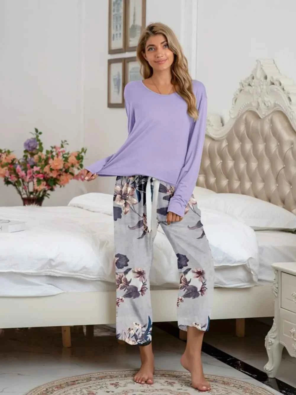 Round Neck Top & Printed Pants Lounge Set.