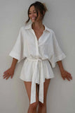 Tied Button Up Collared Neck Cotton Romper.