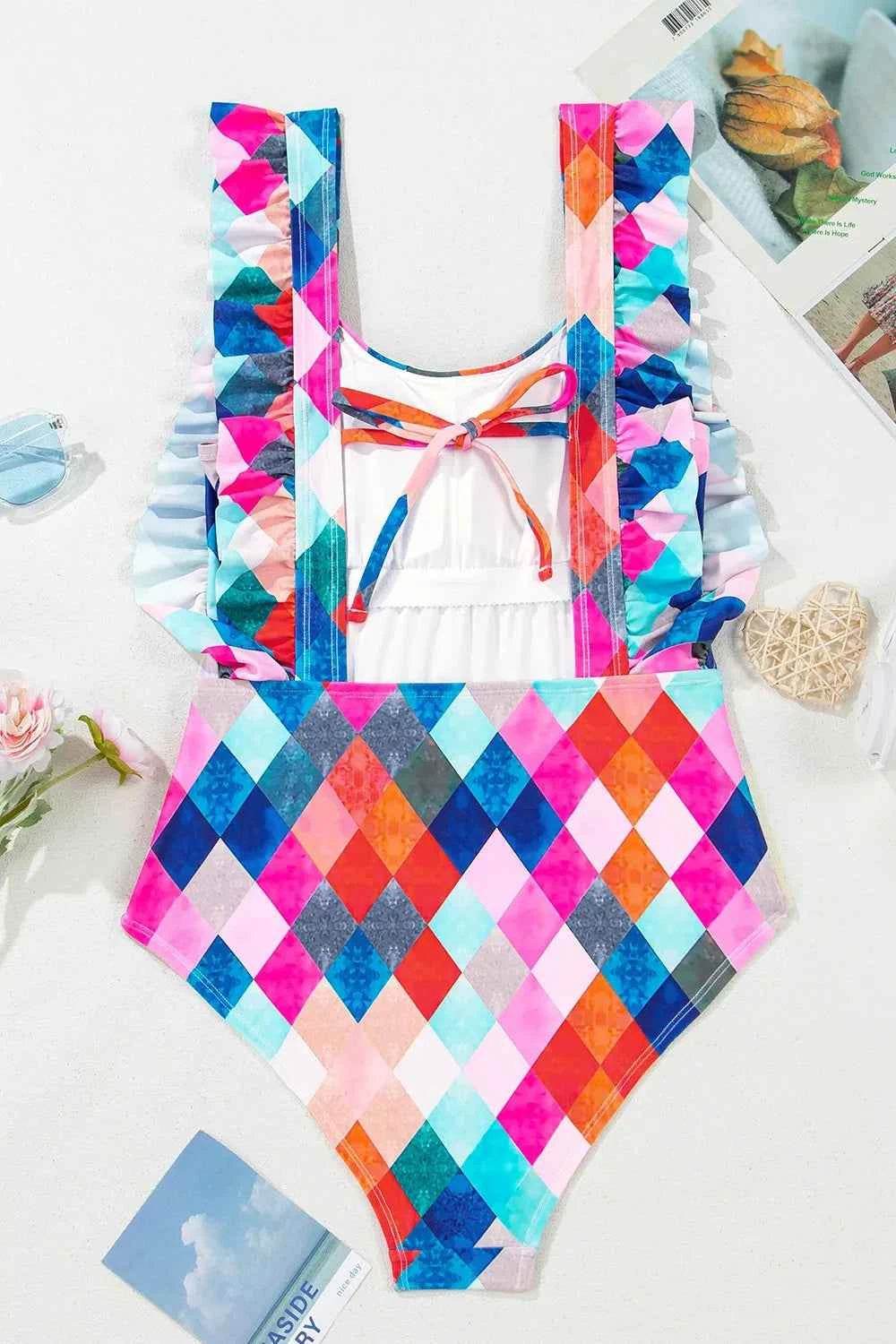 Multicolor Plaid Print Backless One-Piece Swimwear.