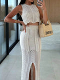 Openwork Round Neck Top & Slit Skirt Sweater Set - EBYNN