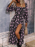 Floral Print Square Neck Dress with Flounce Sleeves.