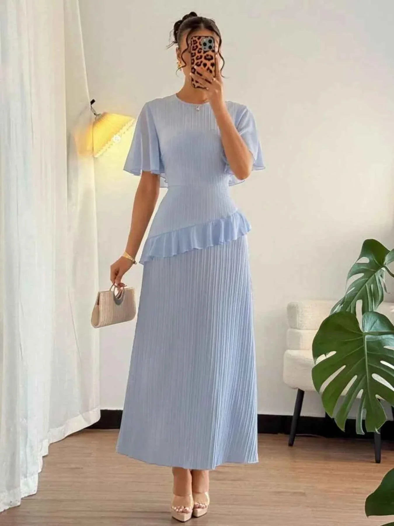 Ruffled Round Neck Flutter Sleeve Dress.