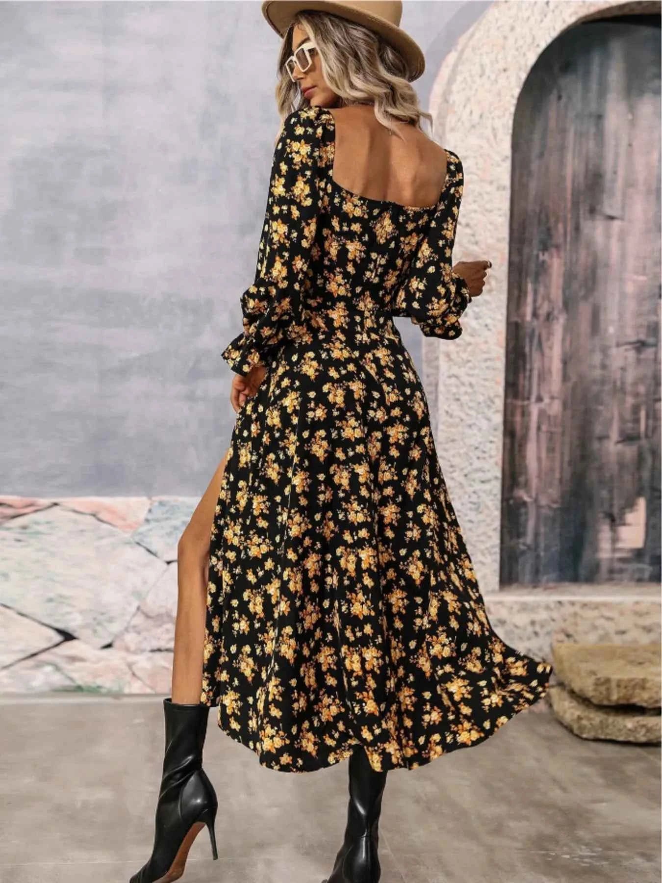 Floral Print Square Neck Dress with Flounce Sleeves.