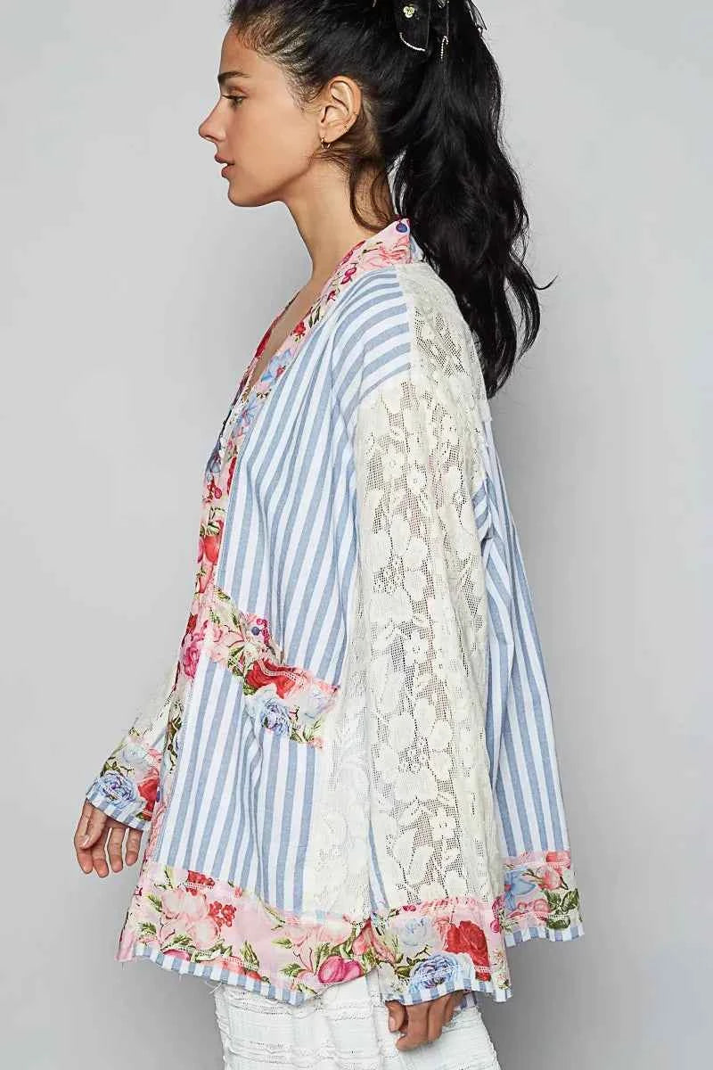 Lace Long Sleeve Striped Cardigan with Floral Patchwork.