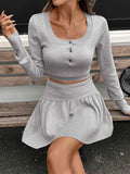 Ribbed Long Sleeve Top and Skirt Knit Set.