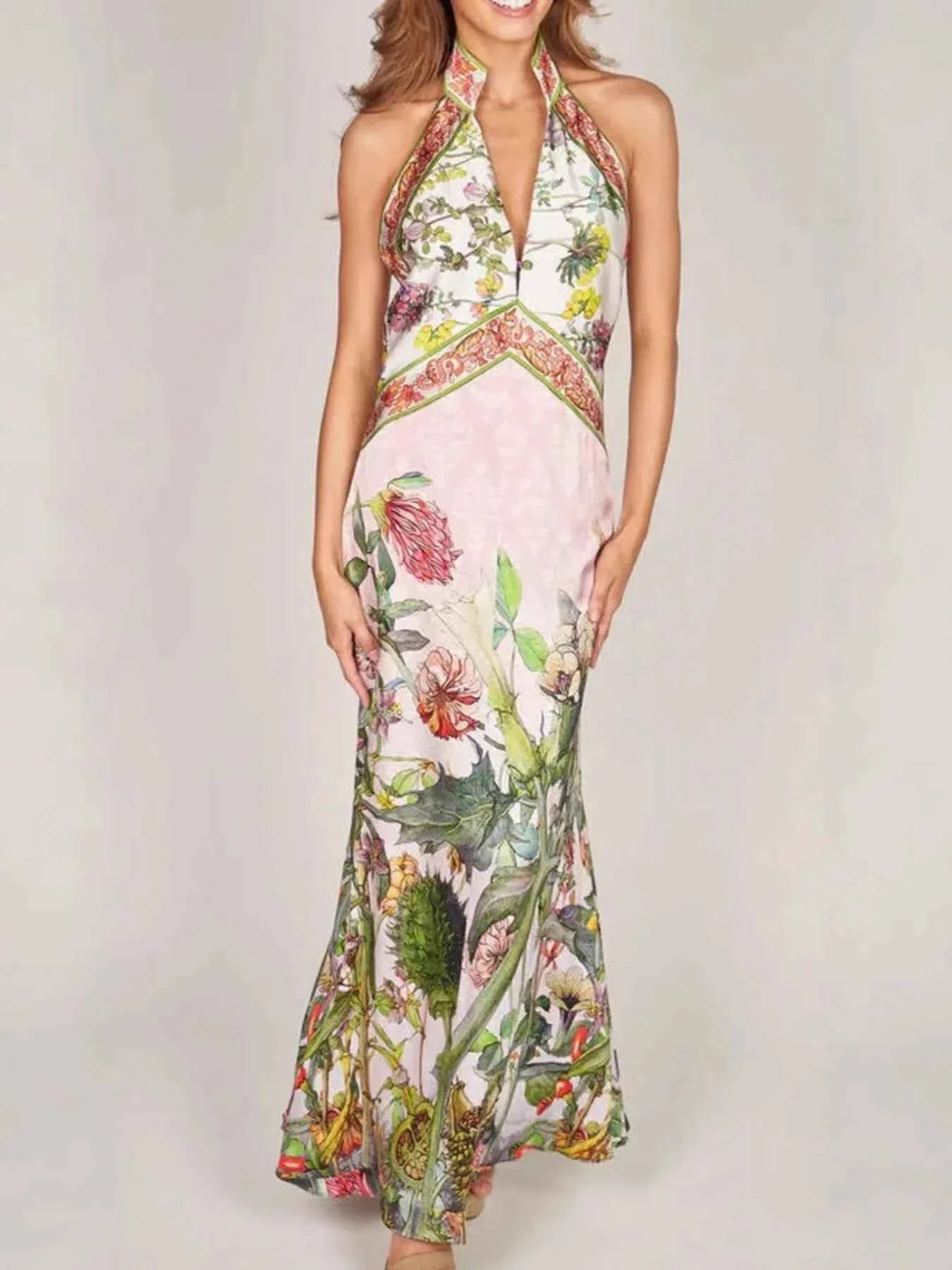 Printed Halter Neck Backless Maxi Dress.