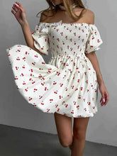 Puff Sleeve Cherry Print Smocked Mini Dress.