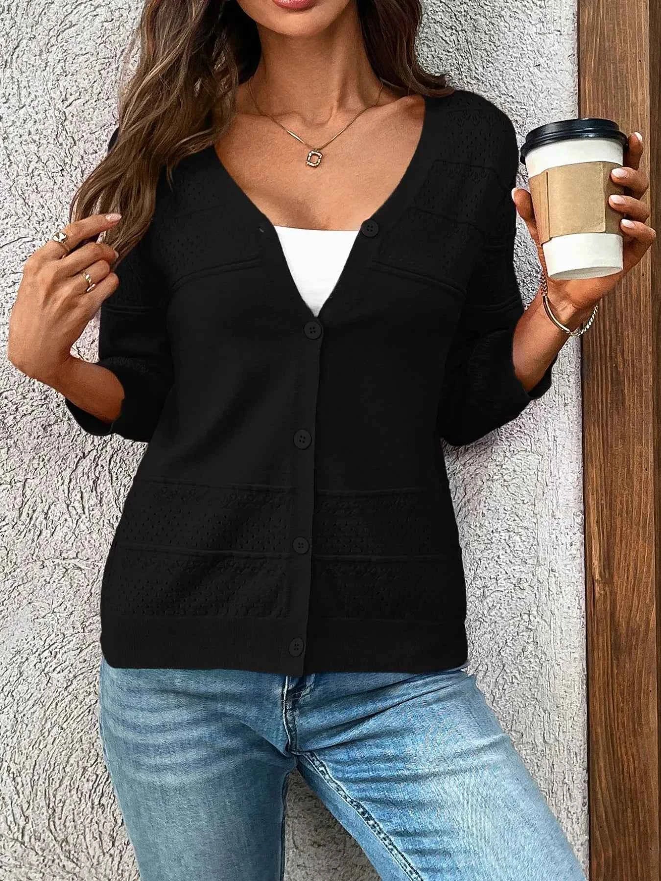 Textured Button-Front Cardigan with 3/4 Sleeves.