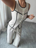 Contrast Piping Round Neck Top & Wide-Leg Pants Set - Stylish Contrast Piping Pants Set - EBYNN