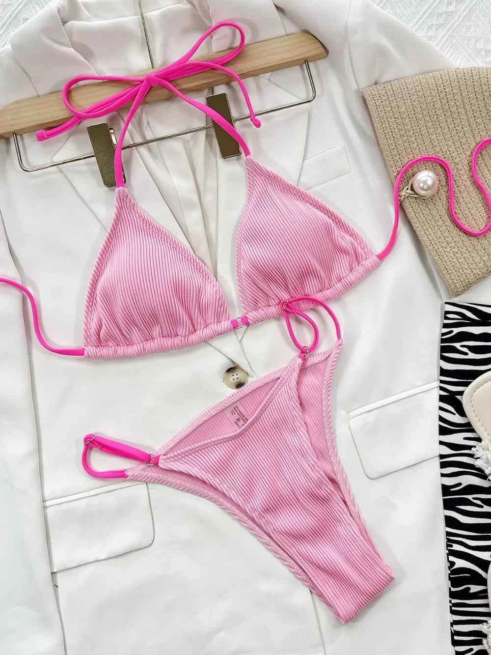 Ribbed Tie Back High Cut Bikini Set.