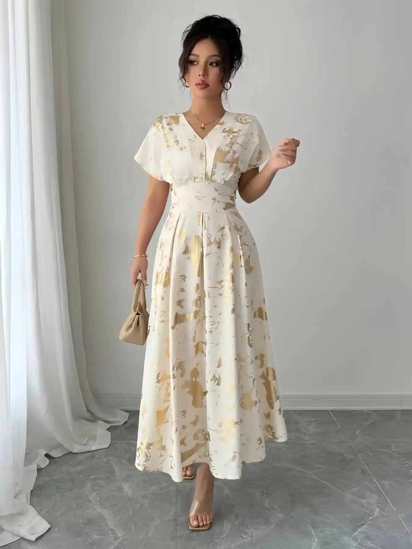 Printed V-Neck Short Sleeve Dress.