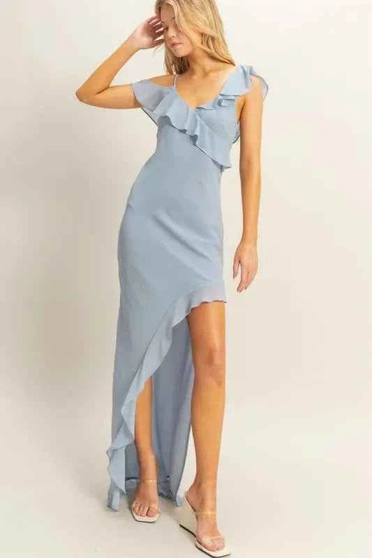 HYFVE Chiffon Ruffle Trim Midi Dress.