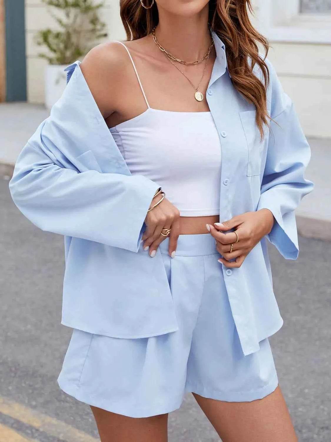 Button Up Long Sleeve Top and Shorts Set - EBYNN