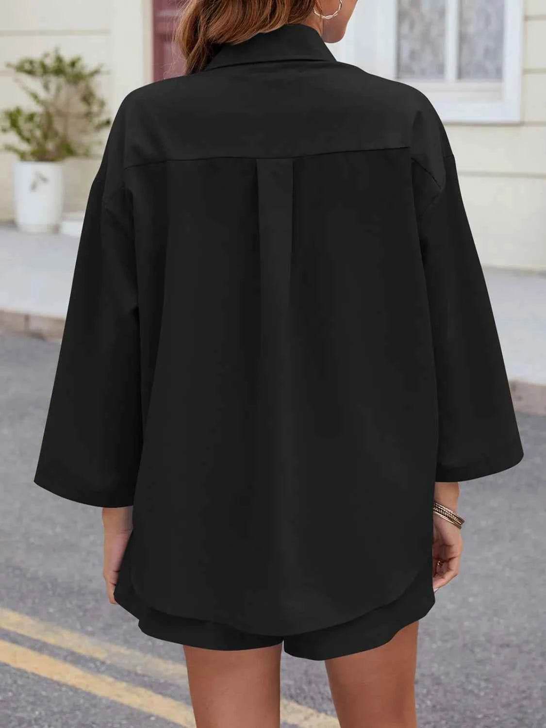 Button Up Long Sleeve Top and Shorts Set - EBYNN