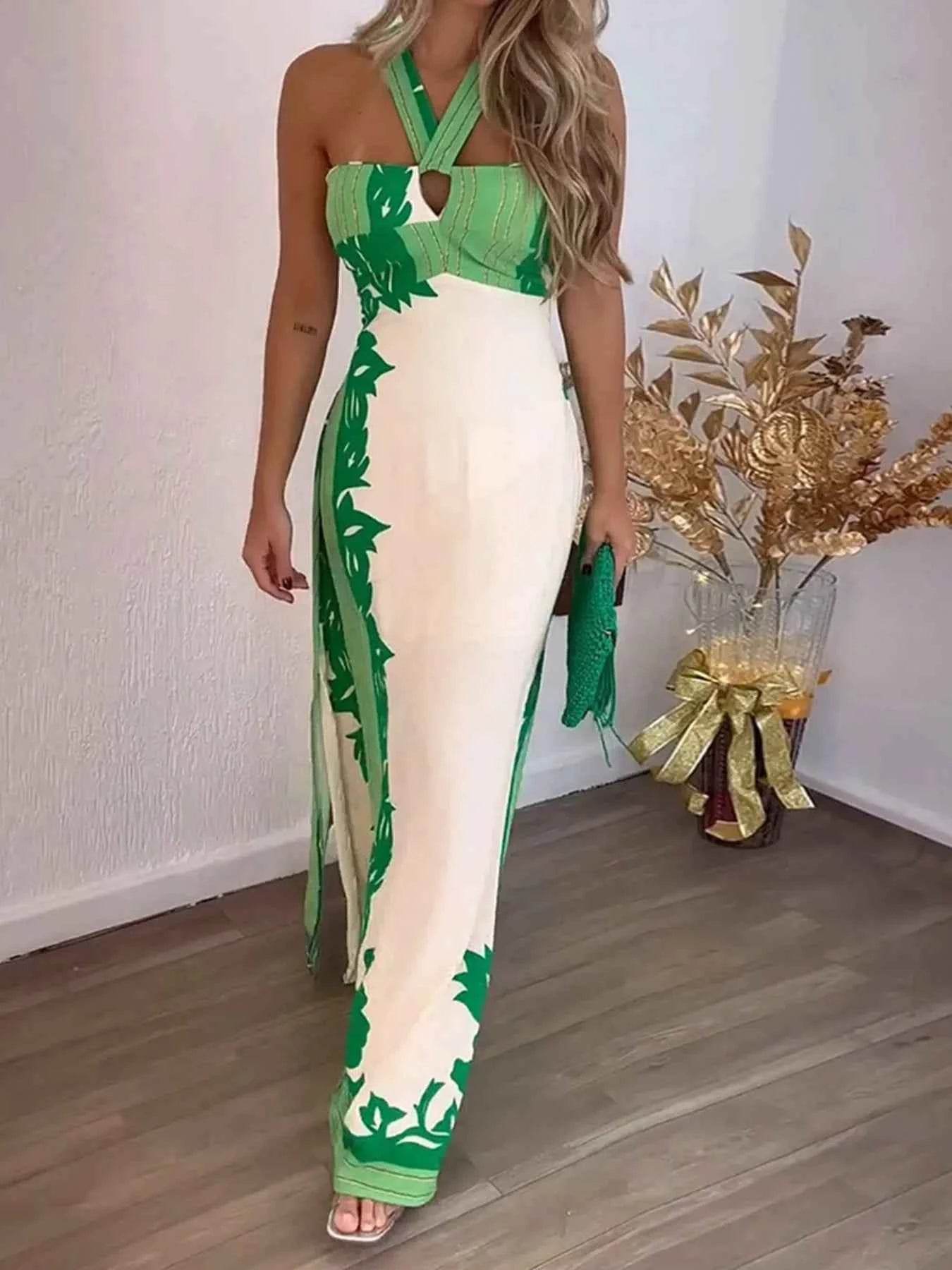 Halter Neck Leaf Print Maxi Dress.