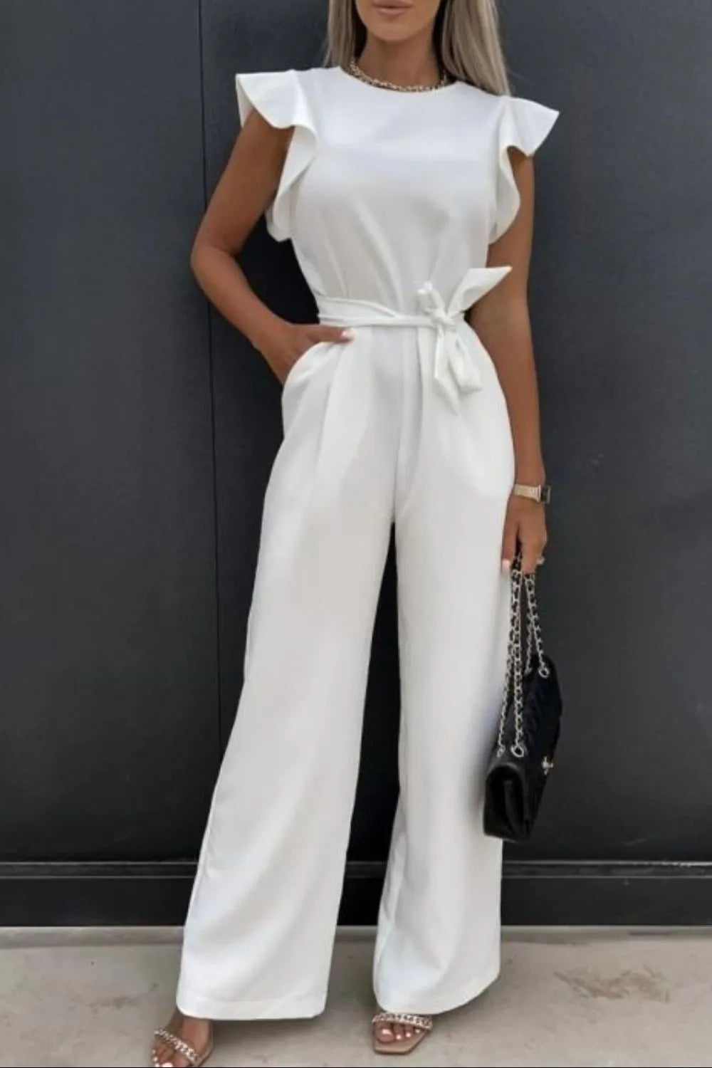 Round Neck Cap Sleeve Jumpsuit.
