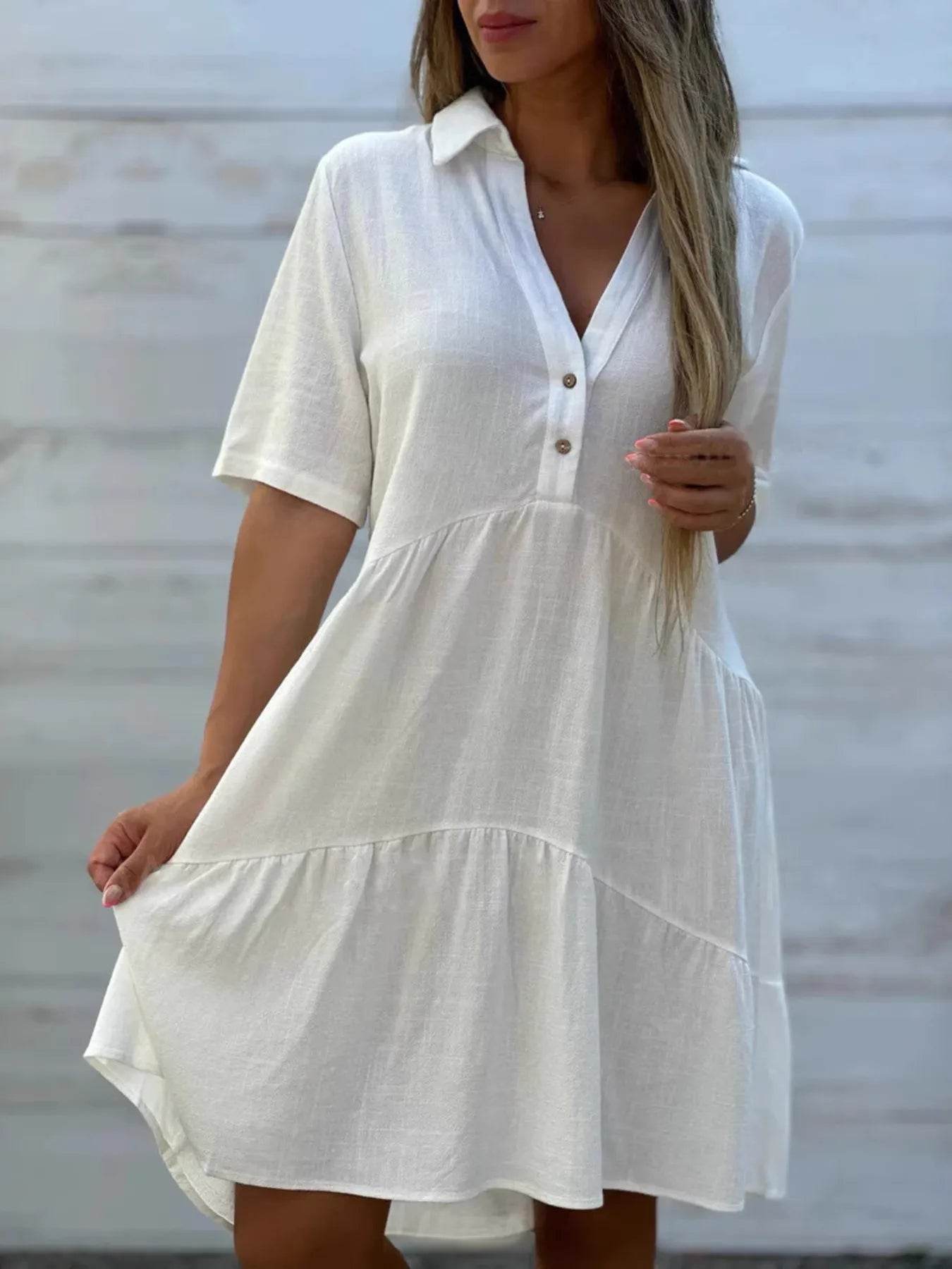 Plus Size Tiered Button-Front Short Sleeve Dress.