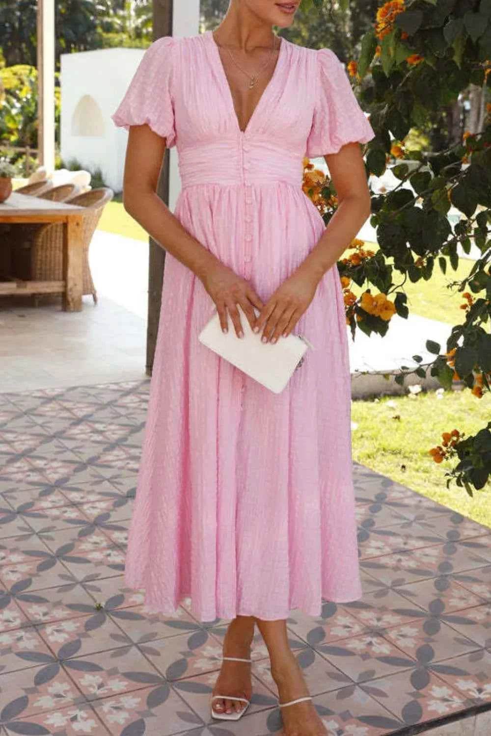 V-Neck Puff Short Sleeve Midi Dress.