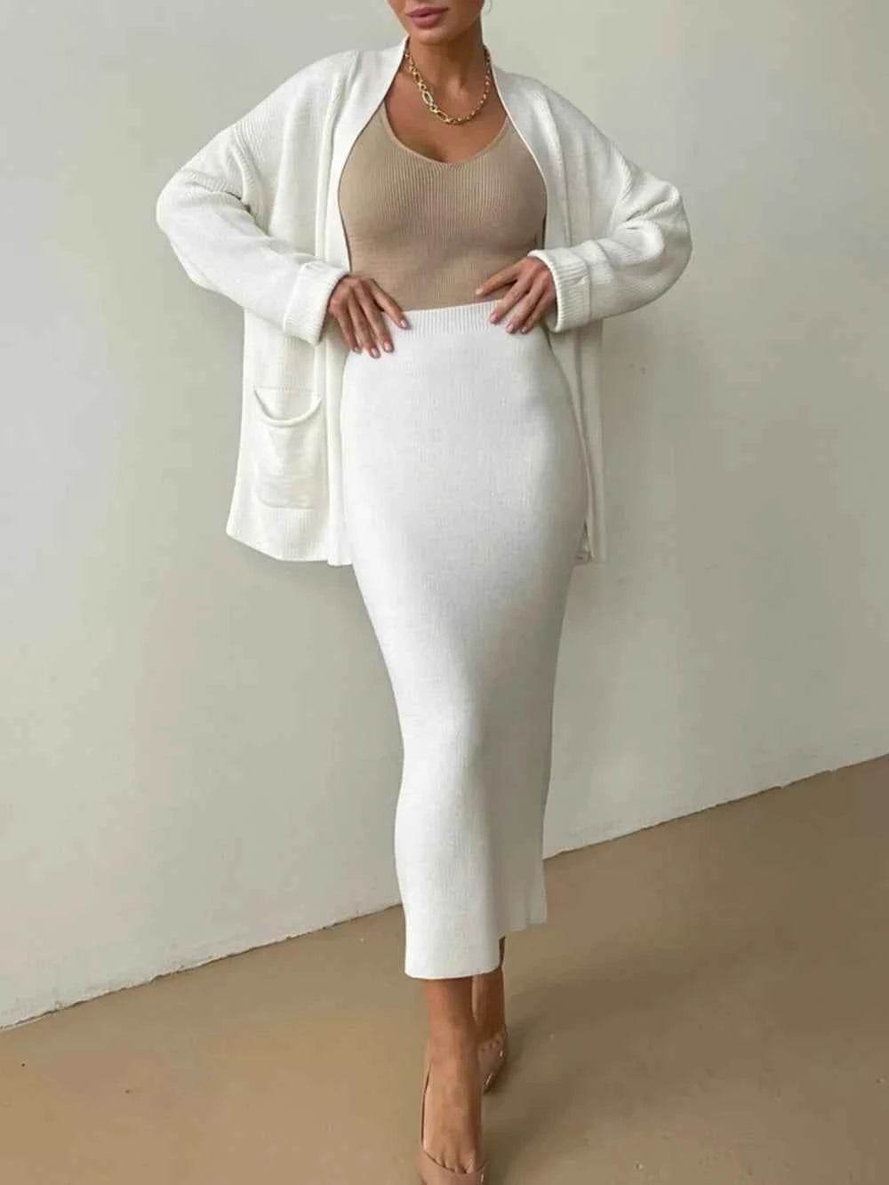 Pocketed Long Sleeve Cardigan and Skirt Sweater Set - EBYNN