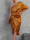 One-Shoulder Satin Wrap Dress with Side Slit.
