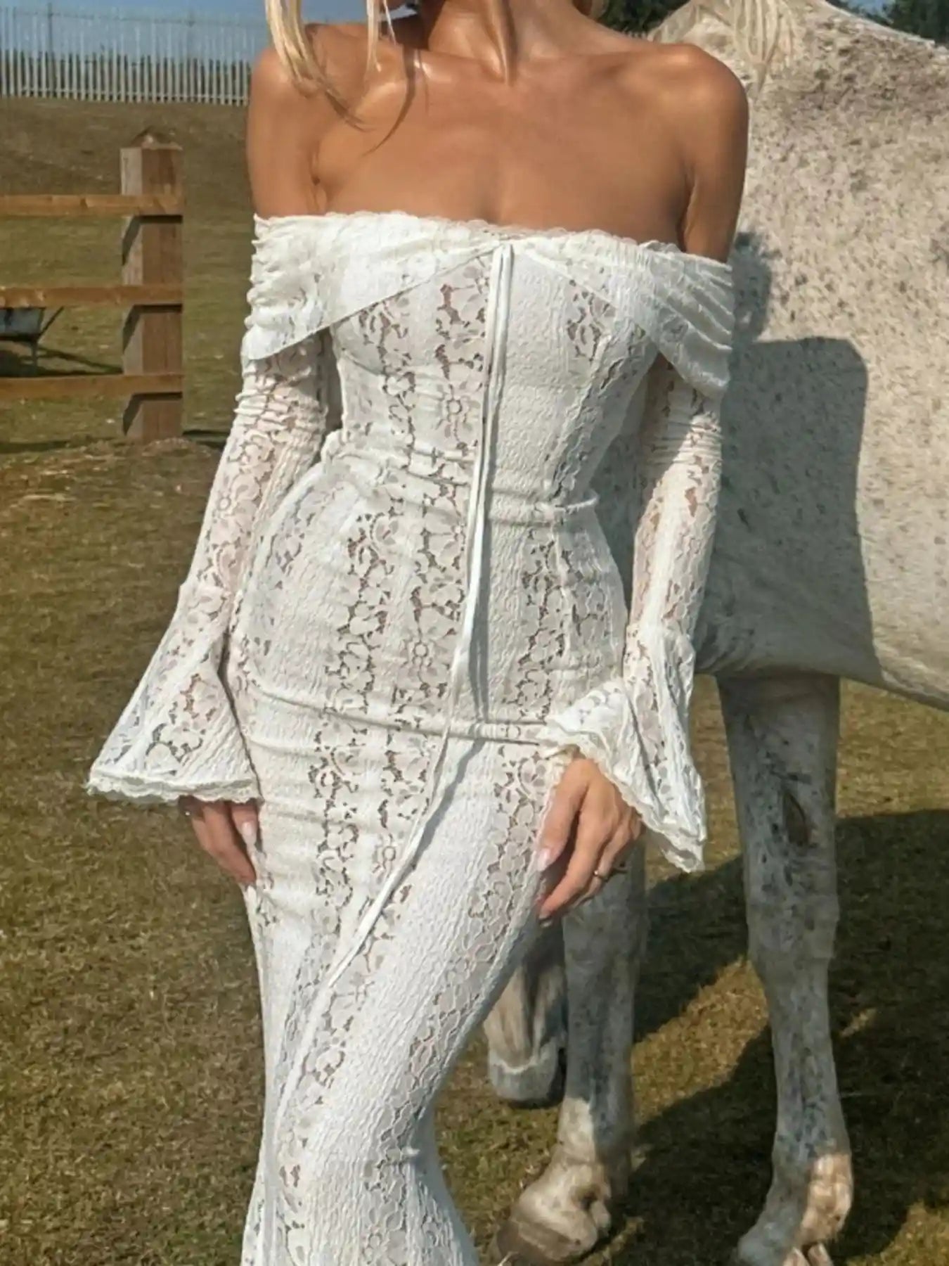 Lace Off-Shoulder Flounce Sleeve Maxi Dress.