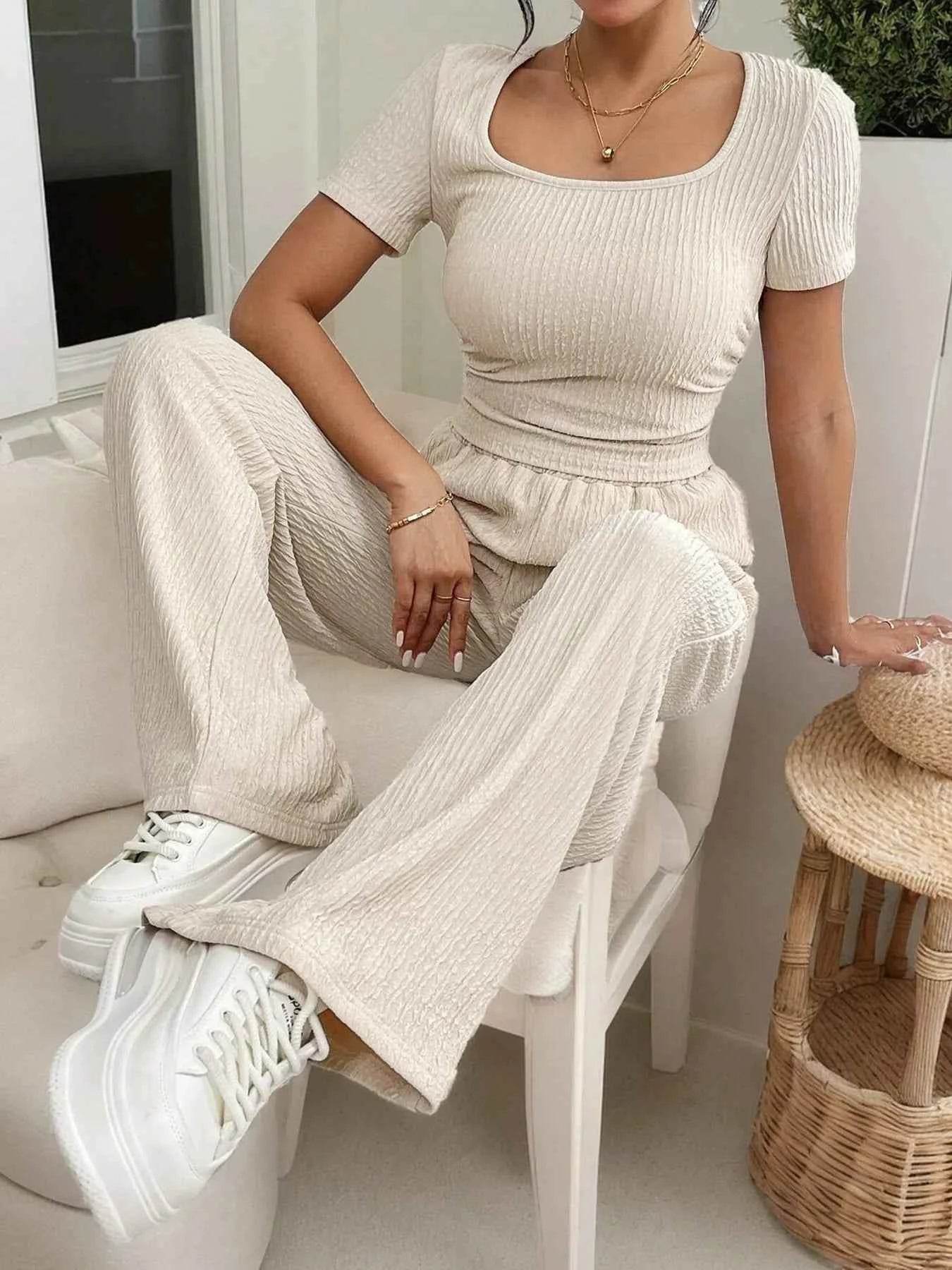 Ribbed Smocked Top and Pants Set for Effortless Style and Comfort - EBYNN