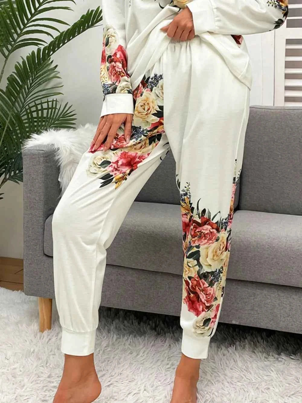Shiny Printed Round Neck Top and Pants Lounge Set.