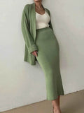 Pocketed Long Sleeve Cardigan and Skirt Sweater Set.