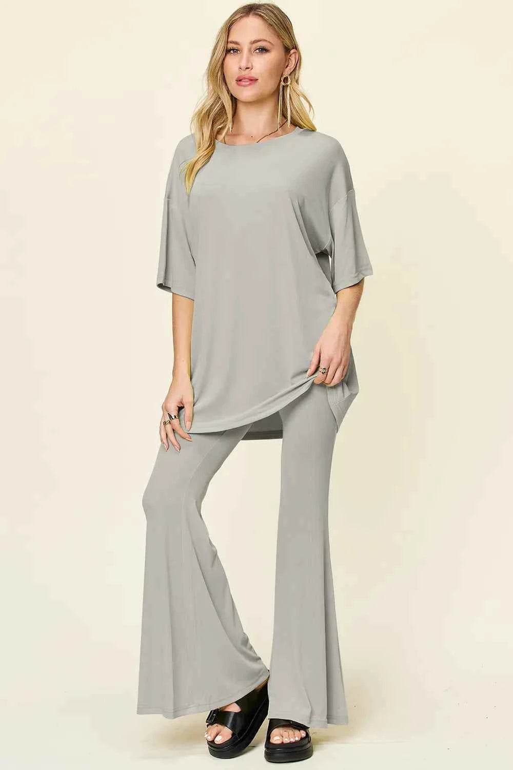 Double Take T-Shirt and Pants Set: Full Size Round Neck Drop Shoulder Style with Flare Pants - EBYNN