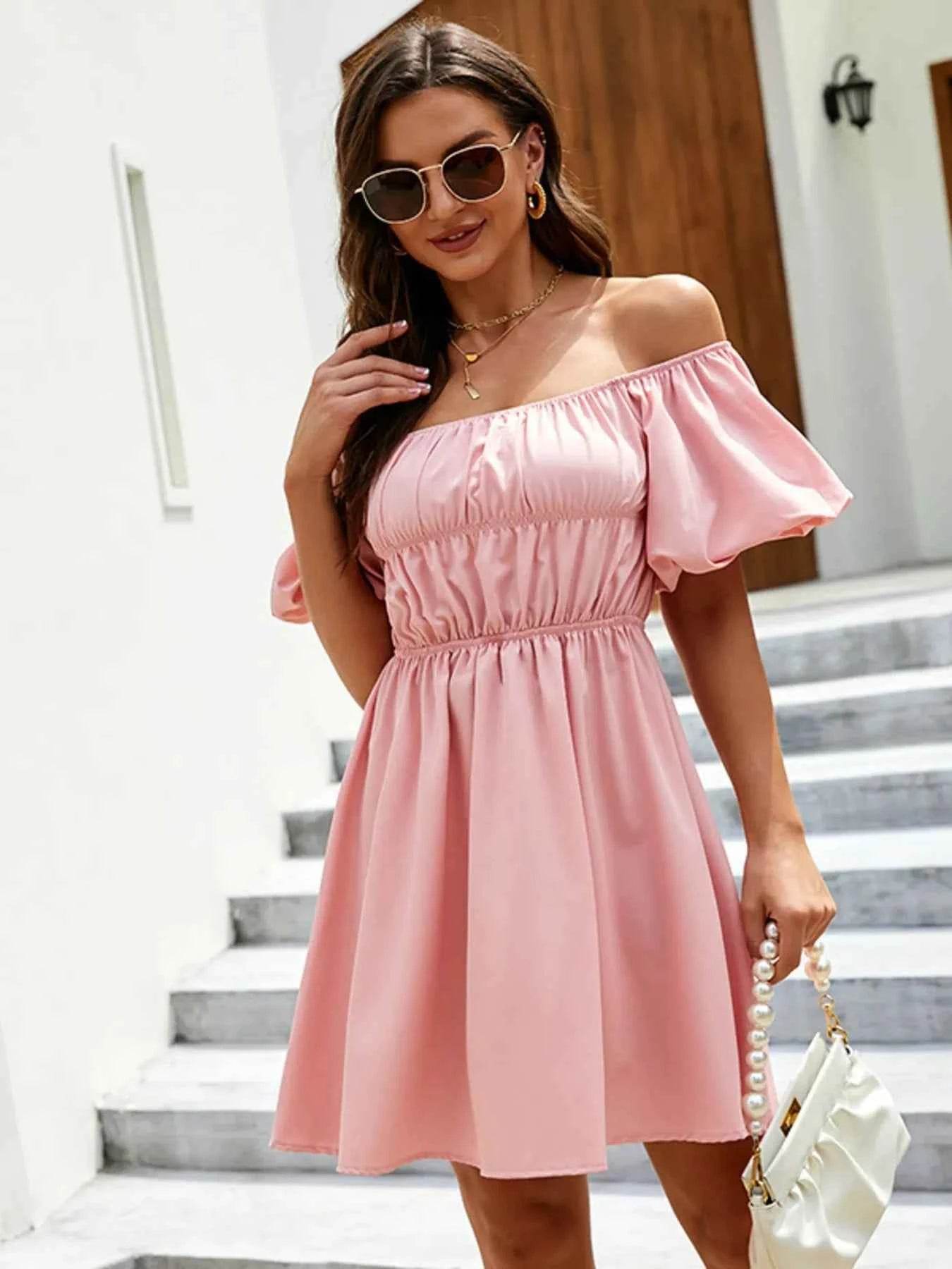 Off-Shoulder Puff Sleeve Mini Dress.