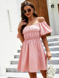 Off-Shoulder Puff Sleeve Mini Dress.