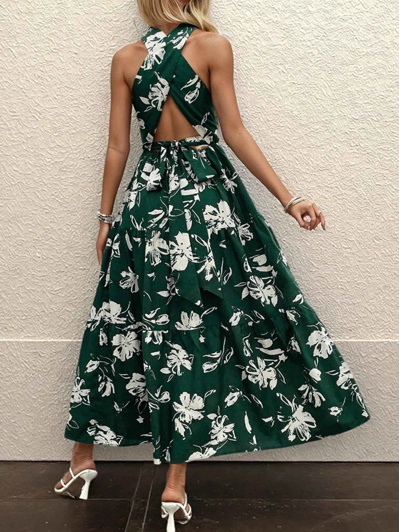 Printed Halter Neck Cutout Dress.