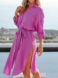 Button Down Tie Waist Shirt Dress.