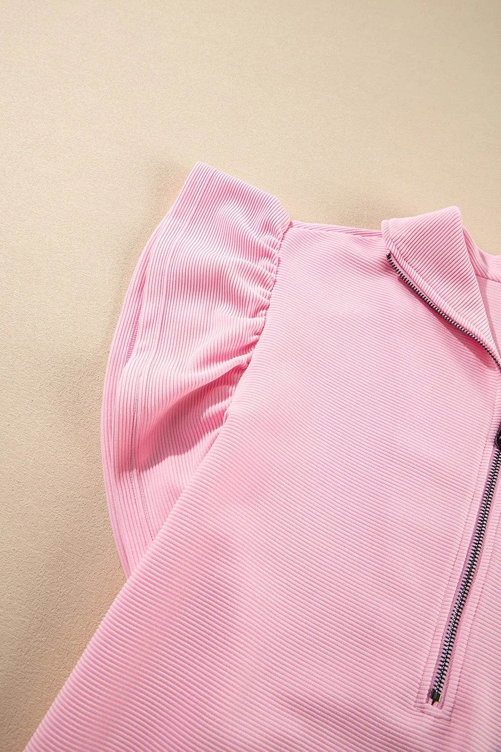 Textured Ruffled Sleeve Zipped Top & Wide Leg Pants Set - EBYNN