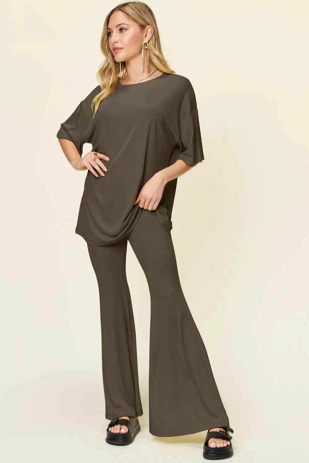 Double Take T-Shirt and Pants Set: Full Size Round Neck Drop Shoulder Style with Flare Pants - EBYNN
