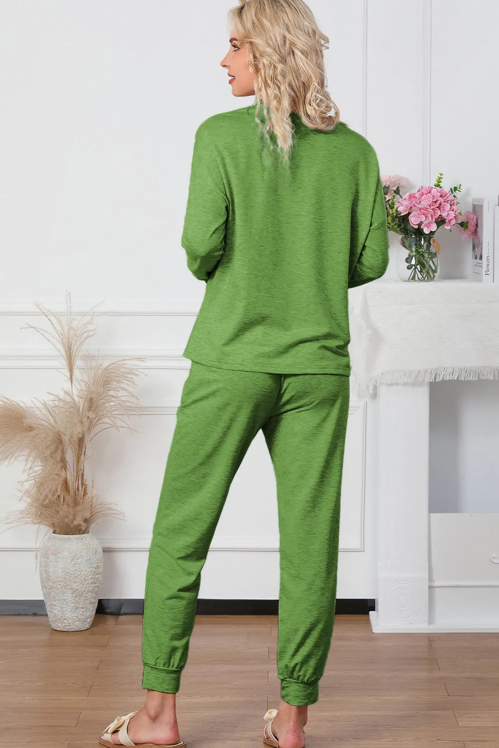Round Neck Top and Drawstring Pants Lounge Set.