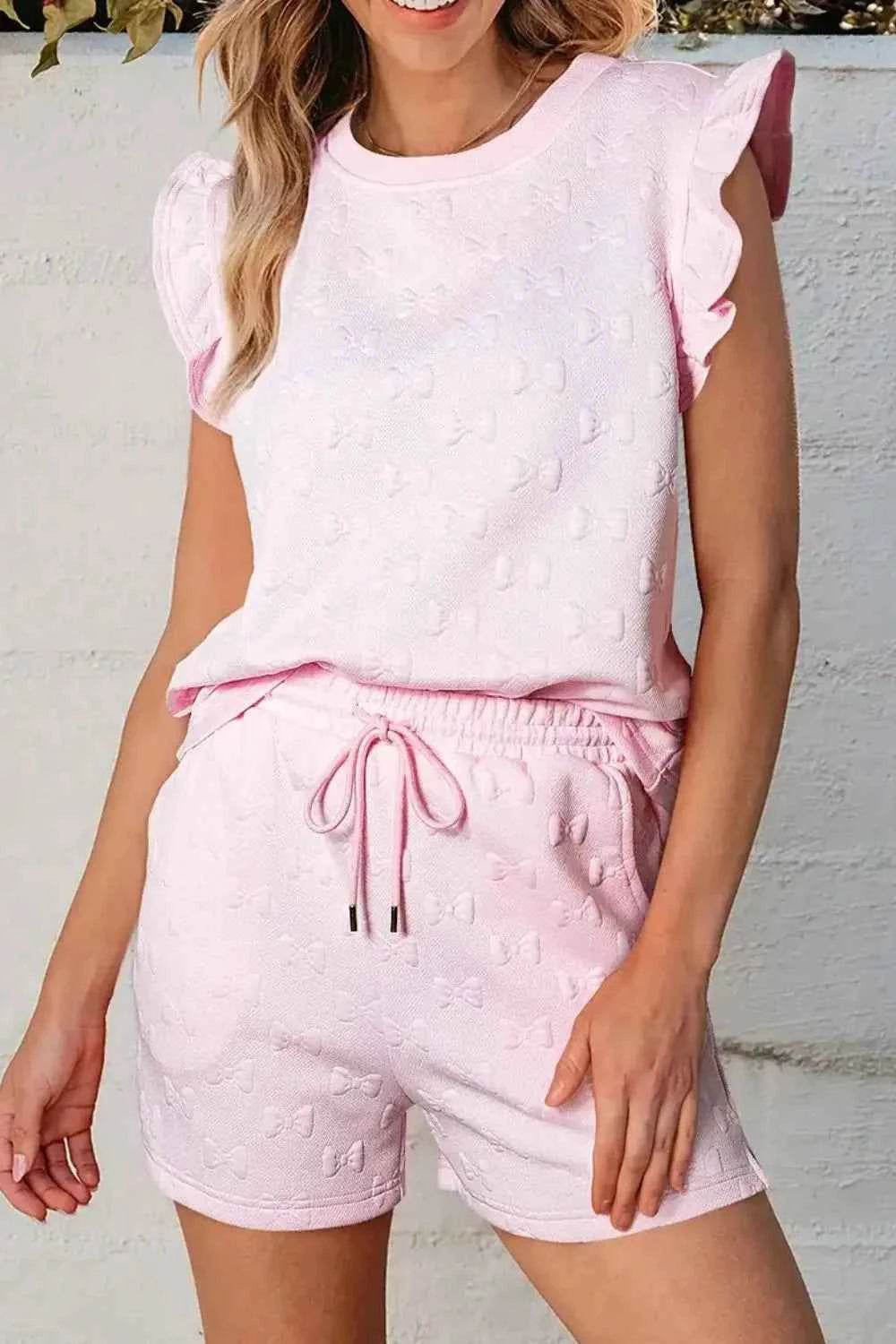 Bow Jacquard Ruffle Top Set with Cap Sleeve and Shorts - EBYNN