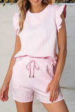 Bow Jacquard Ruffle Top Set with Cap Sleeve and Shorts - EBYNN