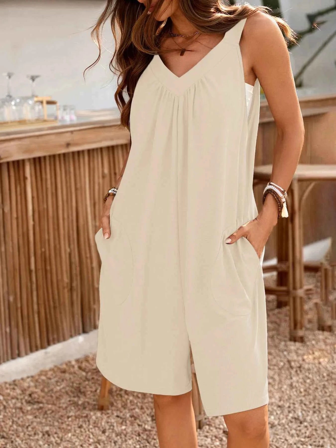 Casual V-Neck Sleeveless Romper with Pockets.