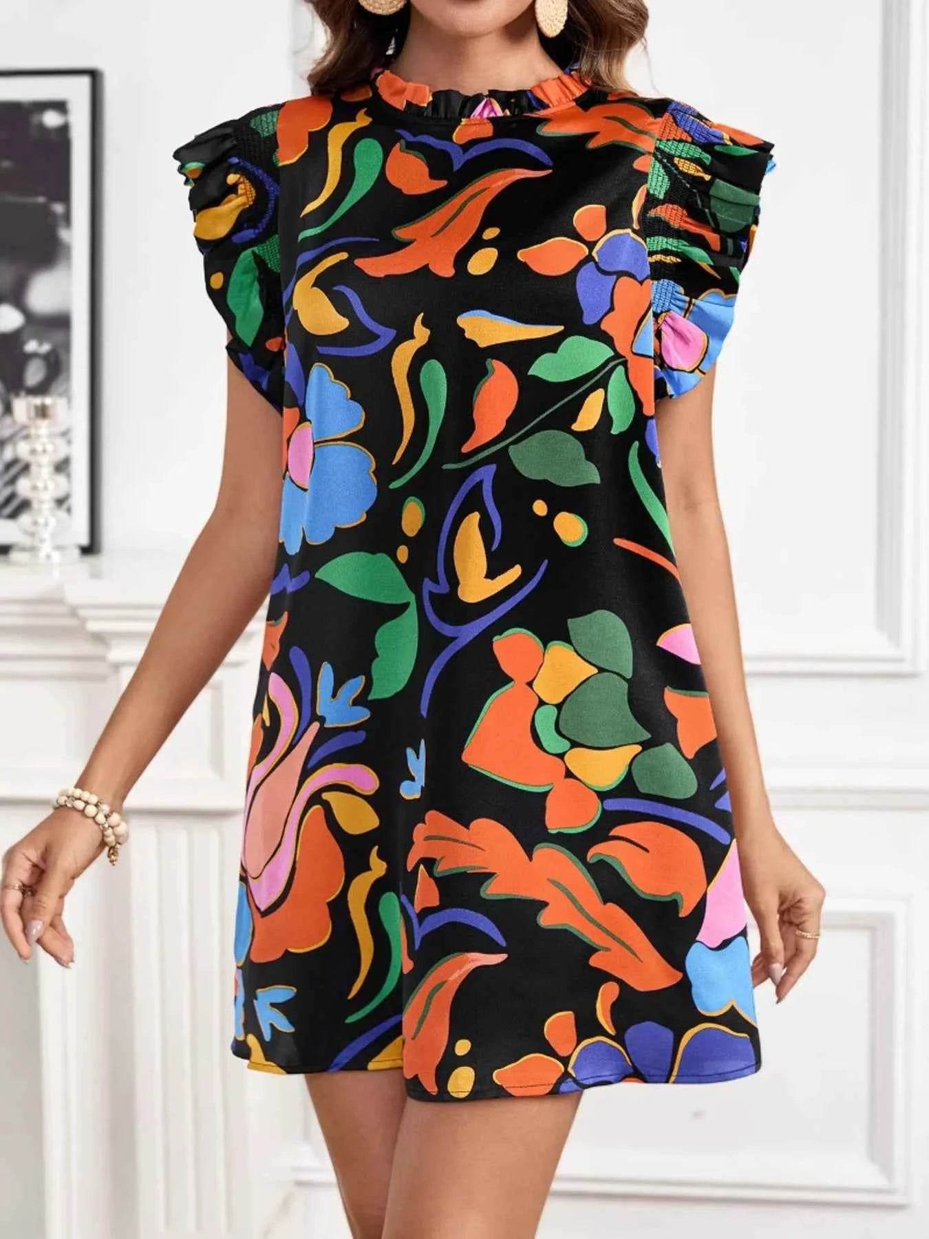 Printed Ruffle Sleeve Mini Dress.