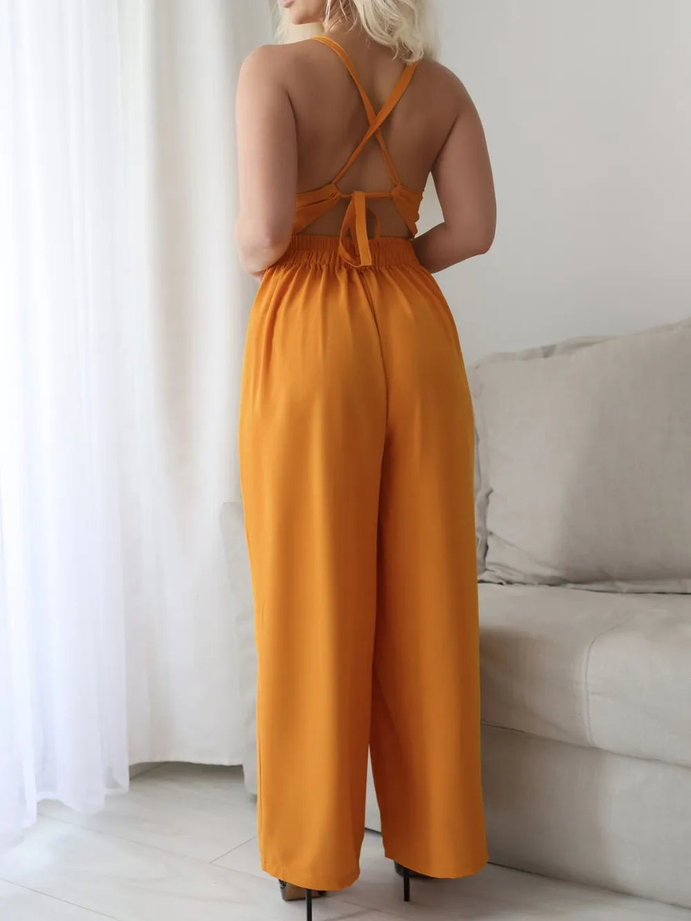 Devine Tie Back Backless Crisscross Jumpsuit.